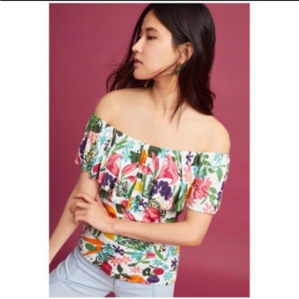 ANTHROPOLOGIE Floral Off-Shoulder Top Cassandra Ruffle Blouse Tropical Bohemian